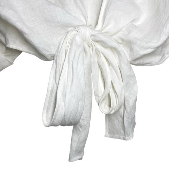 Three Graces White Linen Casual Coastal Neutral Minimalist Tie Up Crop Top - Picture 4 of 9